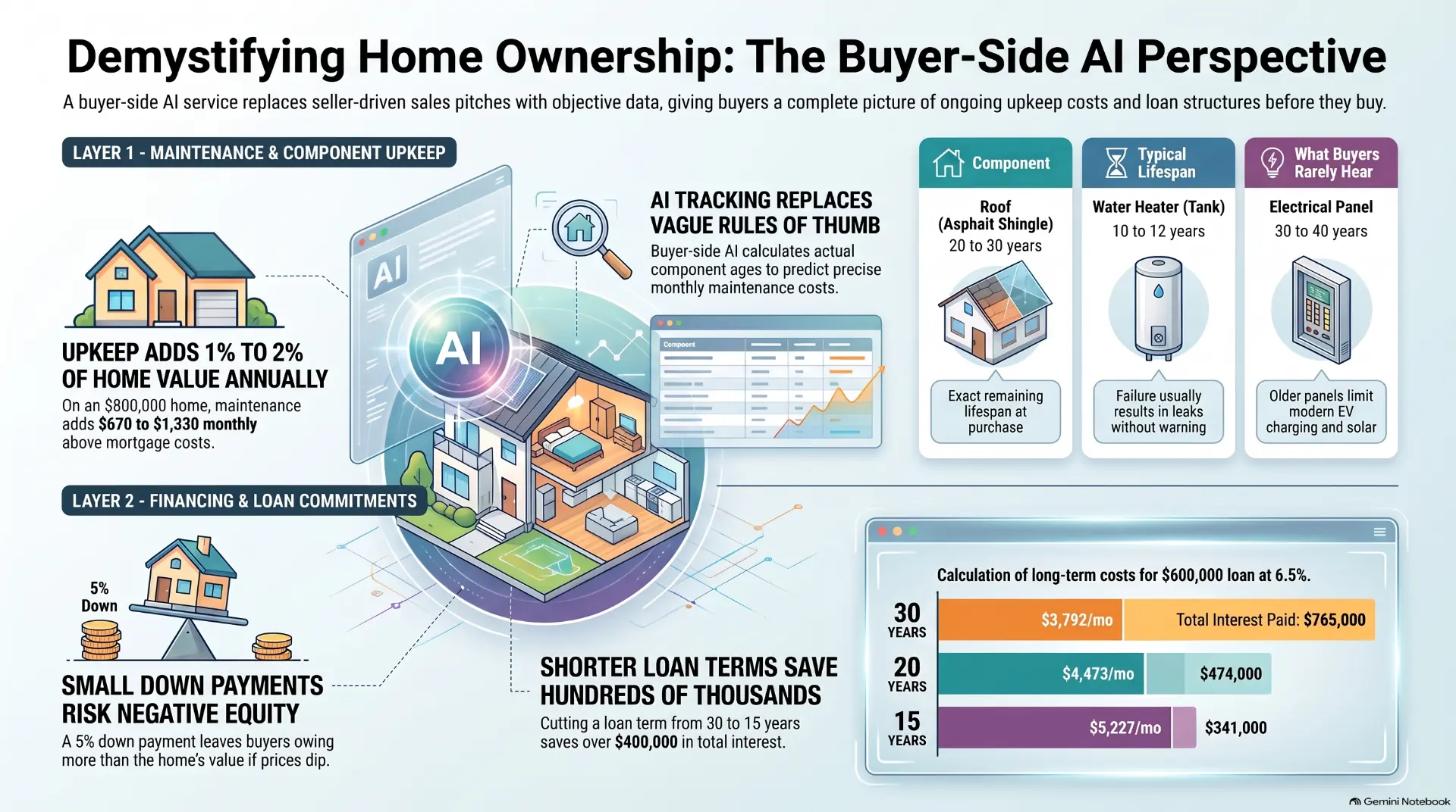Guide showing what a buyer-side AI reveals about home upkeep and financing before you buy